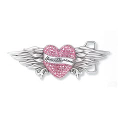 a pink heart with angel wings and i love you written on the front in silver