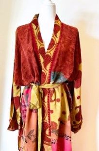 Top of the Line Silk Kimono Duster, Abstract Mixed Print (Rust) Elegant Multicolor Printed Kimono, Elegant Multicolor Silk Kimono, Fitted Multicolor Silk Kimono, Resort Beach, Kimono Duster, Luxury Silk, Small Print, Silk Kimono, Agra