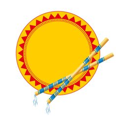 two blue and yellow sticks sticking out of the center of a circle with an ornament on it