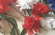 red, white and blue flowers are on display