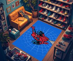 a living room with a spider man rug on the floor