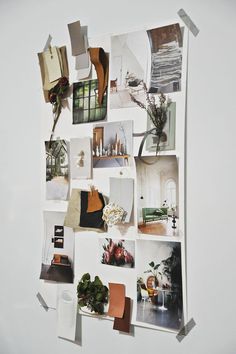 a collage of photographs and pictures on a white wall with papers pinned to it