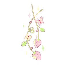 a drawing of strawberries and butterflies hanging from a branch with stars on the side