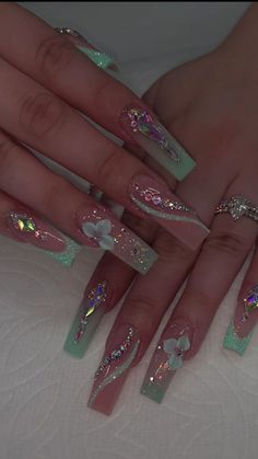 Graduation Nail Set, Nail Recommendations, Quinceañera Nails, Birthday Nail Set Ideas, Bright Acrylic Nails, Quinceanera Nails, Spring Acrylic Nails, Formal Nails, Fancy Nails Designs