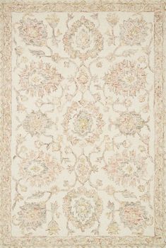 an area rug with many different colors and designs on the carpet, including white and beige