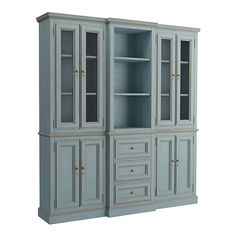 a blue cabinet with drawers and glass doors on the front, against a white background