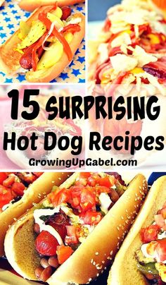 hot dogs with toppings and condiments are shown in this collage,