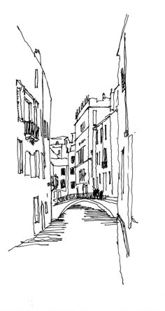 a black and white drawing of a street with buildings on both sides in the distance