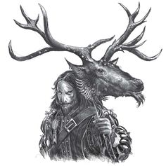 a black and white drawing of a man with a deer's head on his shoulder