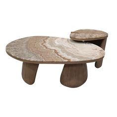 two tables with marble top and wooden bases on each side, one is shaped like an oval