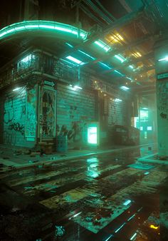 an abandoned train station with graffiti on the walls and floor, under neon green lights