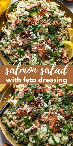 salmon salad with feta dressing and lemons on the side in two separate plates