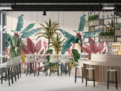 a room with chairs, tables and plants on the wall behind them is a bar