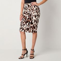 This Bold Elements women's leopard-print midi skirt is a sleek contemporary style to elevate your work or evening wear. Made from a soft stretch-scuba, this pencil skirt has an elastic pull-on waist and fitted silhouette. Wear it with a blouse or turtleneck. Front Style: Flat FrontClosure Type: Full ElasticRise: At WaistApparel Length: 26.5 InchesFiber Content: 97% Polyester, 3% SpandexFabric Description: ScubaLining: UnlinedSkirt Length: Midi LengthCare: Tumble Dry, Machine WashSkirt Type: Penc Fitted Elegant Leopard Print Bottoms, Elegant Fitted Leopard Print Bottoms, Fitted Elegant Leopard Print Skirt, Elegant Fitted Leopard Print Skirt, Elegant Leopard Print Skirt, High Waist Stretch Leopard Print Skirt, Fitted Leopard Print Midi Skirt, Leopard Print Fitted Midi Skirt, Chic Leopard Print Pencil Skirt