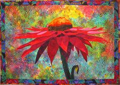 a painting of a red flower on a colorful background