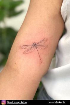 a small dragonfly tattoo on the arm