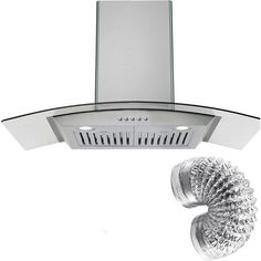 a stainless steel range hood and ventilator with glass doors on the side, in front of a white background