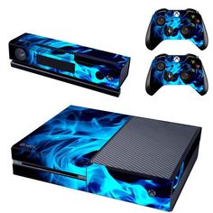 an image of a video game console with blue flames on the front and back cover