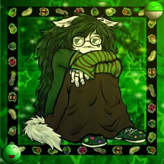 a drawing of a woman with long hair and glasses sitting in front of a green background