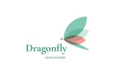 the dragonfly logo is shown in green and pink colors, with leaves on it