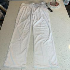 Y2k Bebe Terry Cloth Pants New With Tags Size Large White Straight Leg Loungewear Bottoms, White Straight Leg Bottoms For Lounging, White Straight Leg Loungewear Pants, White Straight Pants For Lounging, White Lounging Bottoms Long Pants, White Straight Sweatpants For Lounging, White Full Length Loungewear Pants, White Lounging Pants, White Lounging Long Pants