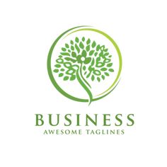 the logo for business, with an image of a tree and leaves on it's side