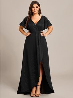 This plus beautiful shiny evening dress is specifically tailored for you. It features an A-line silhouette, a deep V-neck, and has short sleeves. Fit: Please refer to Size Chart. Closure: It is Concealed a Zipper Up The Back. Undergarments:Lining,No Padded. Fabric: 95%Polyester 5%Elastane Stretch: Fabric is High Stretch. High Low Evening Dresses, Exclusive Gowns, Knit Gown, High Low Gown, Sukienki Plus Size, Dress With Ruffle Sleeves, Bridesmaid Dresses With Sleeves, Look Plus Size, Evening Dresses Plus Size