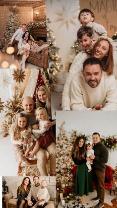 a collage of family photos in front of christmas trees