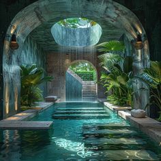 an indoor swimming pool surrounded by greenery