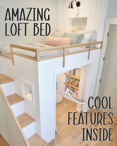 a loft bed that is built into the side of a wall with stairs leading up to it