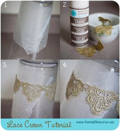 the instructions for how to sew lace trim on glass jars and vases with gold leaf appliques