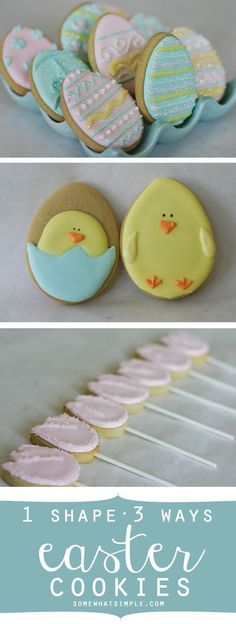 some cookies that are sitting on top of each other with the words, i shape 3 ways easter cookies