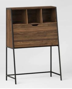 a wooden cabinet with metal legs and shelves