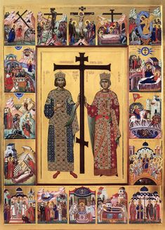 an icon depicting the crucifixion of jesus and mary with images of saints