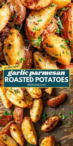 garlic parmesan roasted potatoes on a cutting board with text overlay that reads garlic parmesan roasted potatoes