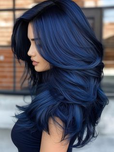 For those who love grunge aesthetics or are inspired by Korean Ulzzang styles, the Midnight Blue Underlayer is a striking choice. This hair color idea is perfect for black hair or dark brunettes who want to add a pop of color without overwhelming their natural shade. Black And White Ombré Hair, Colorful Long Hair Ideas, Hair Colours For Brunettes Dyes, Hair Color Ideas Fashion Colors, Moonlight Blue Hair, Best Colors To Dye Dark Brown Hair, Raven Colored Hair, Shades Of Blue Hair Color Chart, Indigo Black Hair