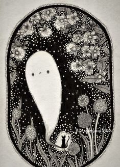 a black and white drawing of a ghost surrounded by flowers