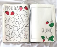 an open notebook with strawberries on it and the words moods june written in red