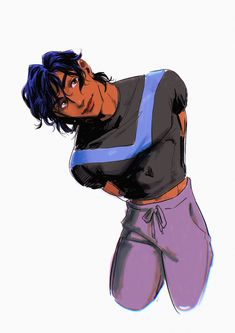 a drawing of a man with blue hair and black shirt holding his hands behind his back