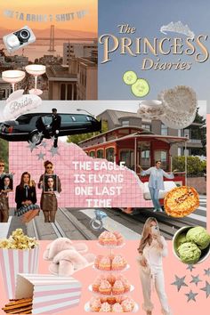 the princess diaries collage with pink and blue colors, stars, food, and people