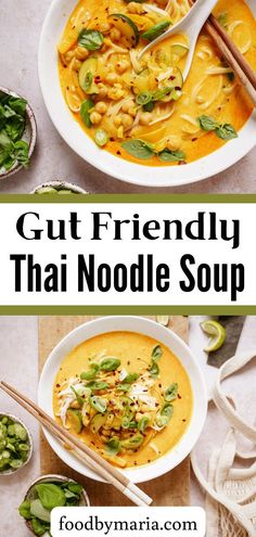 two bowls of thai noodle soup with chopsticks on the side and text that reads gut friendly thai noodle soup