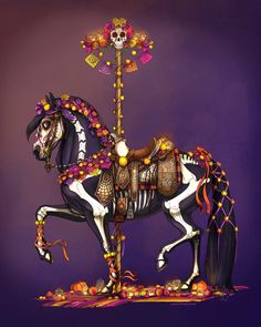 a statue of a horse with a cross on it's back and decorations around its neck