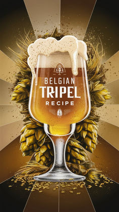 a beer glass with the words belgan tripel recipe on it, surrounded by hops