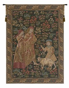 an old tapestry with two women and a dog