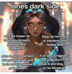 an image of a woman with dark hair and jewelry on her chest, text reads aris dark side