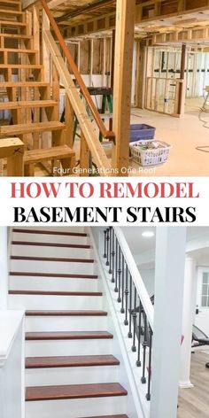 some stairs and railings in a house with the words how to remodel basement stairs