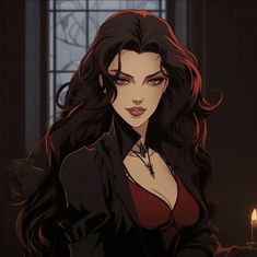 a woman with long black hair wearing a red top and holding a candle in her hand