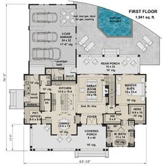 the floor plan for this house shows the living area, dining room and kitchen areas