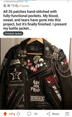 Leather Jacket Punk Diy, Leather Jacket Battle Vest, Patches Leather Jacket, Trad Goth Battle Jacket, Punk Outfits For Women Summer, Goth Jean Jacket Outfit, Punk With Glasses, Crust Punk Leather Jacket, Decorated Leather Jacket