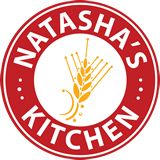 the logo for matasha's kitchen is shown in red and white with wheat on it